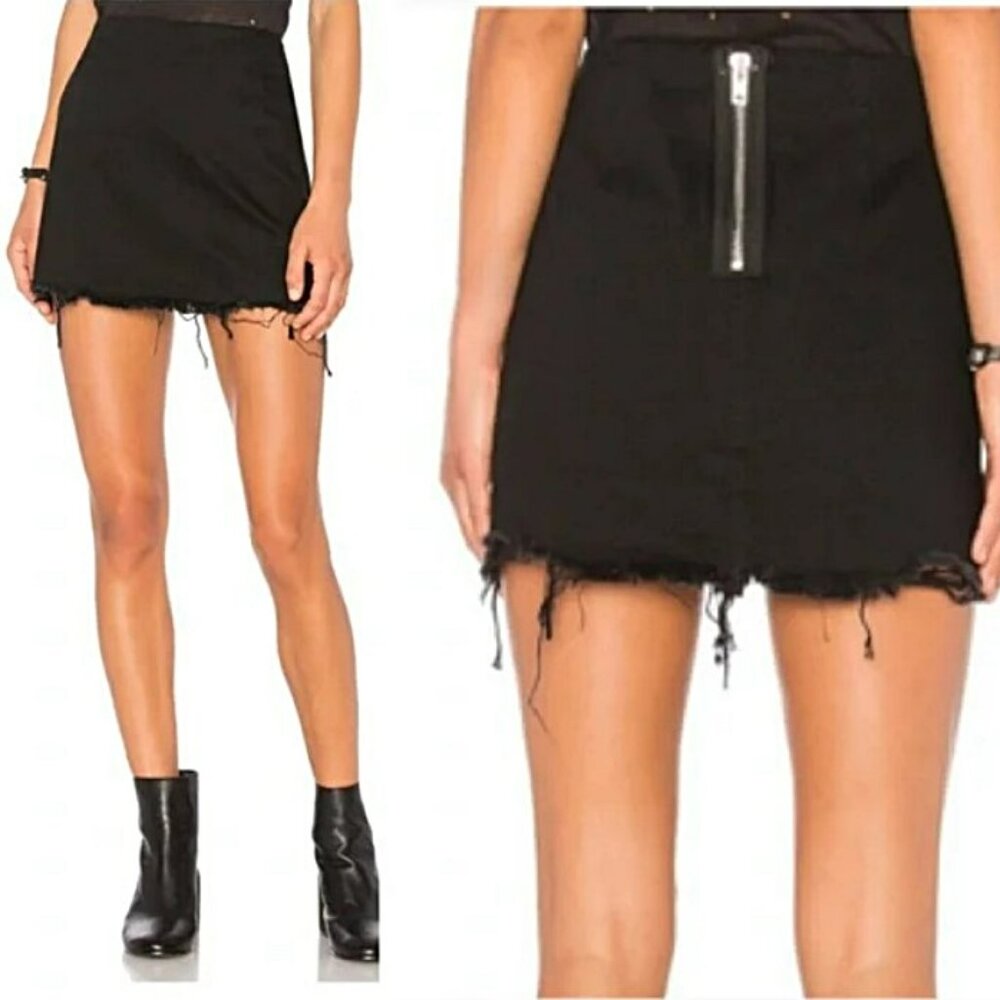 Denim x Alexander Wang Black Denim Mini Skirt 26 Exposed Zip Distressed Frayed
